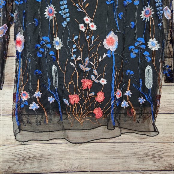 Sorrento Navy Blue Floral Embroidered Blouse Sheer Sleeves Women's Medium - Picture 11 of 13
